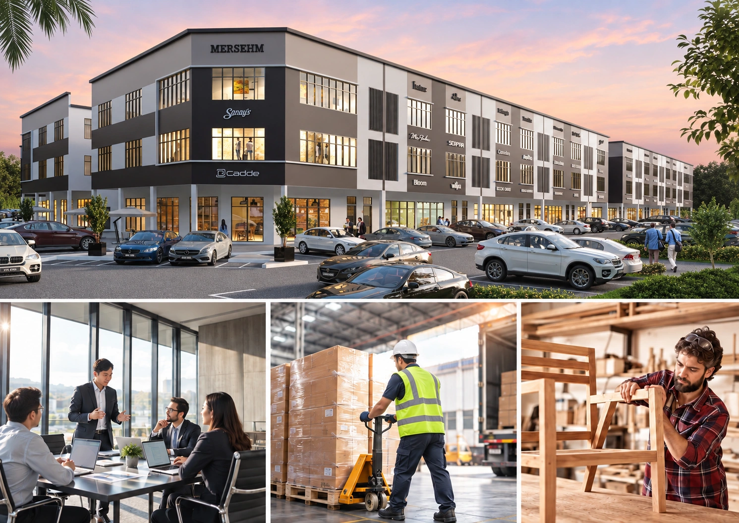 Commercial shop offices with office, logistics and furniture-making scenes