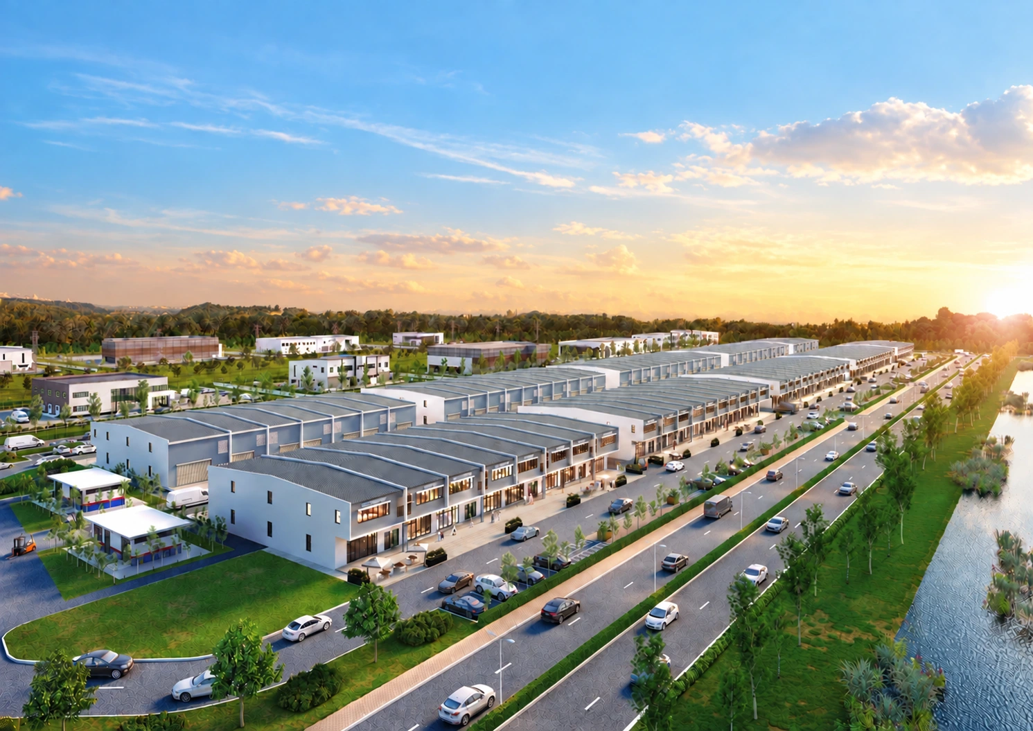 Aerial artist impression of Stellar Park contemporary terrace factories at sunset