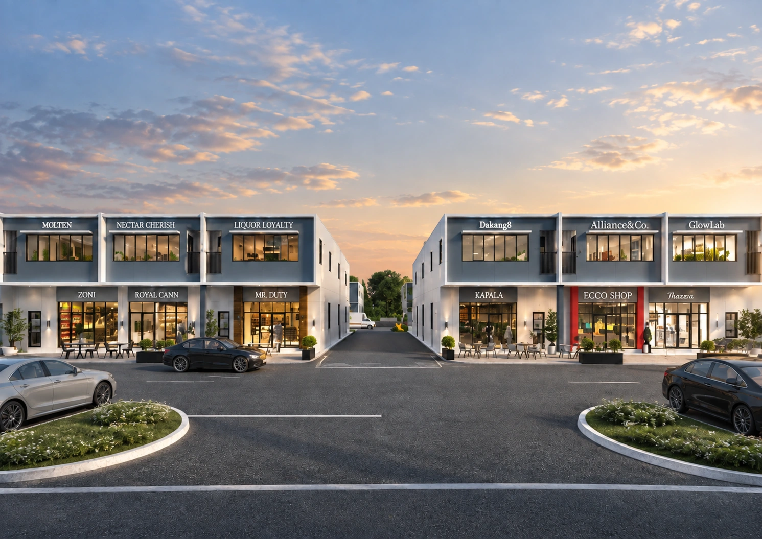 Artist impression of Stellar Park two-storey shopfronts and central driveway at sunset