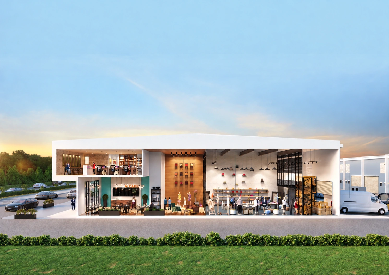 Stellar Park hybrid workspace cutaway showing offices, showroom, production, storage and loading areas